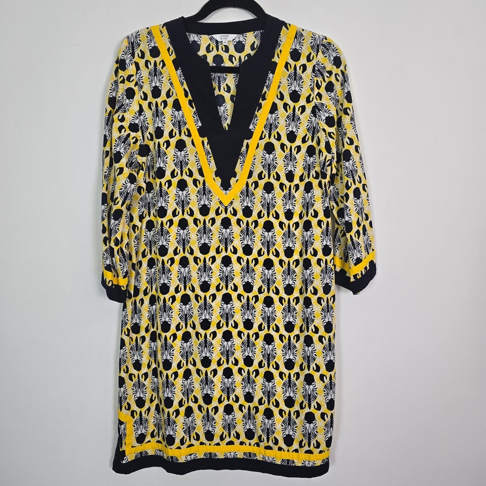 Crown & Ivy Tunic Dress Women 8 Yellow Zebra Print Shift Novelty Preppy Eclectic
